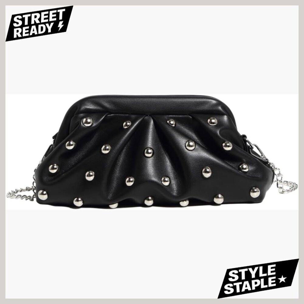Studded Evening Clutch Crossbody Bag PU Leather Removable Chain Strap